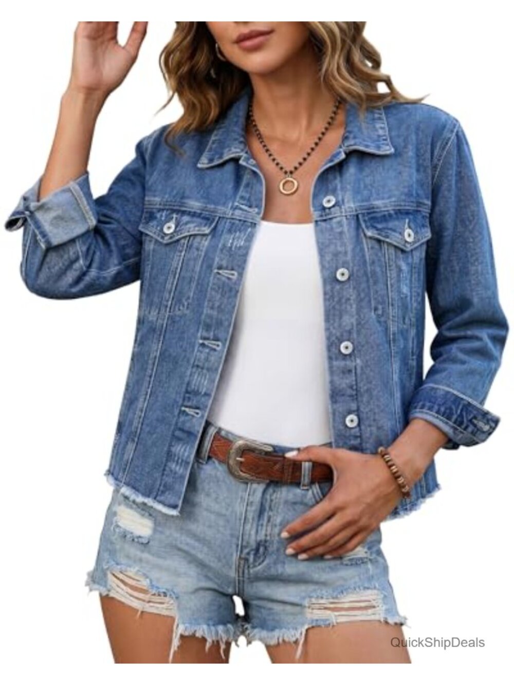 Women's Distressed Denim Jacket Button Up Western Trucker Frayed Hem